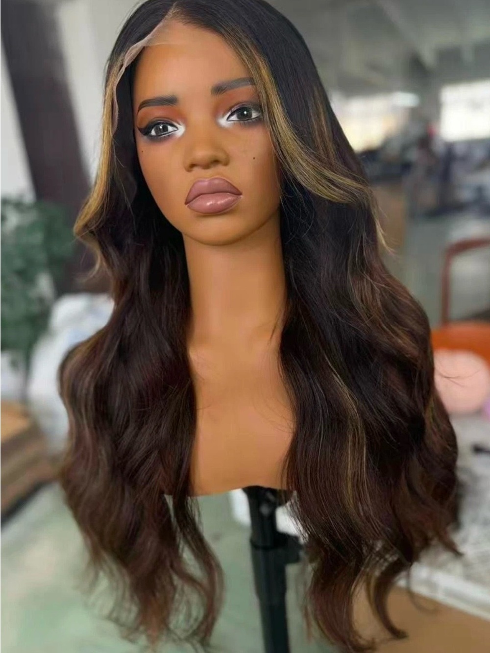 Wavy Long Lace Front Wig with Caramel Highlights - Brown
